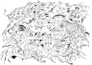 accumulation de visages, immeubles et de choses étranges sur le théme de la ville